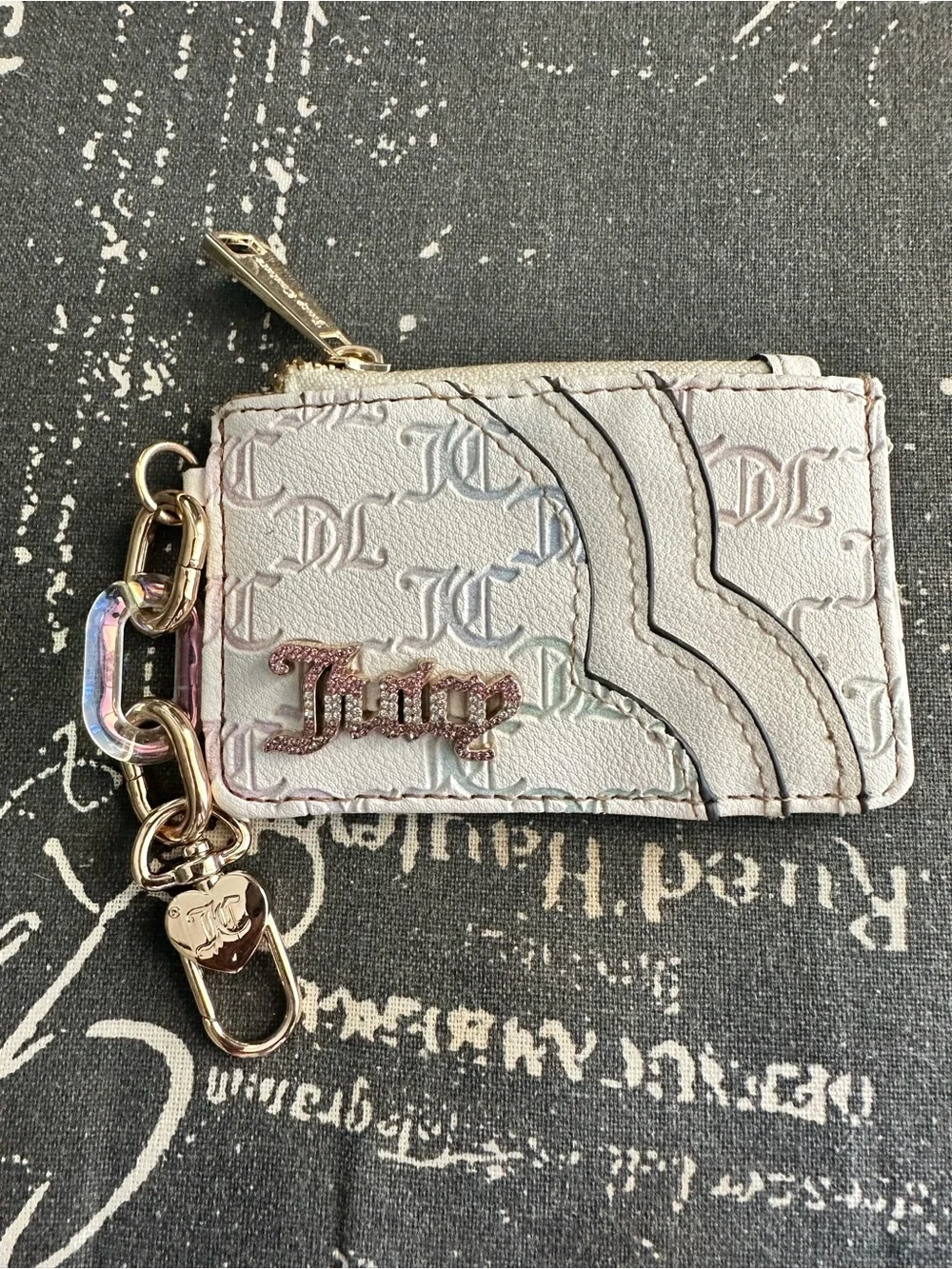 Juicy White and Gold Zipper Card Case Keychain Wallet
